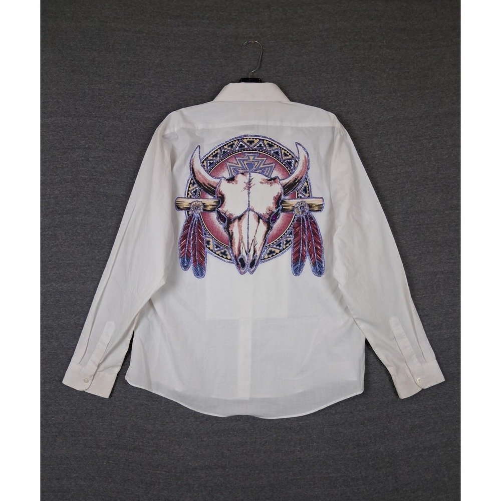 VTG Apache Womens Shirt L White Native Skull Applique Western Novelty Unique Dot